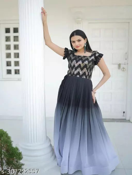 Women's Two-Tone Fabric Square Neck Embroidery Sequence Work Kurti/Dress.