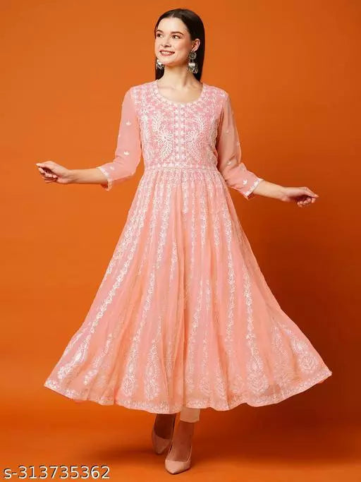 Anni Designer Women's Peach Anarkali Floral Embroidered Chikankari Kurti