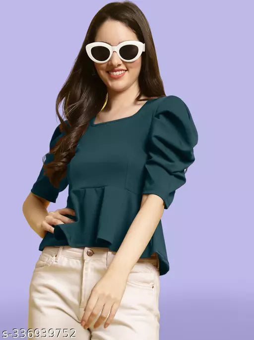 Women Square Neck Puff Sleeves Peplum Top (Women Top | Women Tops | Top)