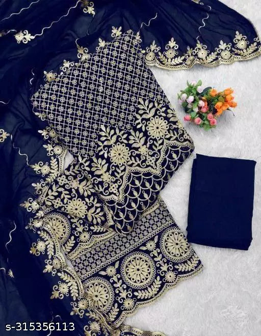Women's Bollywood Style Blue Fancy Unstiched Patiala Embroidered Work Plus Double Layer Multiwork Sequence Work Georgette Salwar Suit & Dress Materials