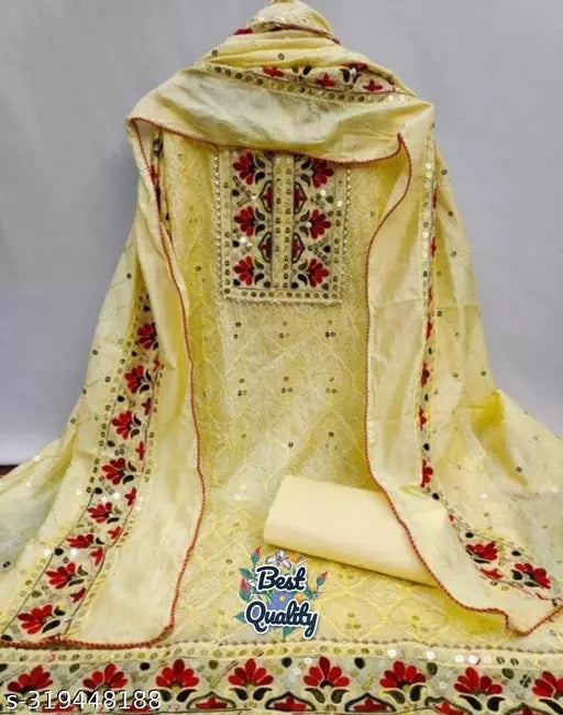 Unstiched Party Wear Chanderi Cotton Mirror Work Lemon Yellow Colour Salwar Suits & Dress Materials