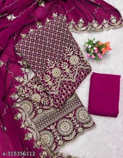 Women's Bollywood Style Red Fancy Unstiched Patiala Embroidered Work Plus Double Layer Multiwork Sequence Work Georgette Salwar Suit & Dress Materials