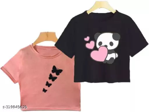 Trendy Feminine Printed Crop Tshirt Round Neck Top For Womens (Combo2)