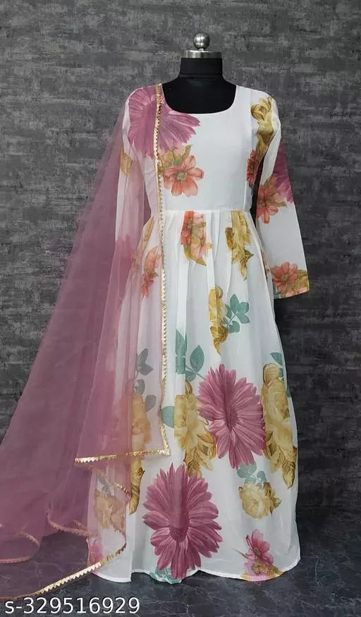 QVAZOR Stylish Fancy Trendy Printed Georgette Gown For Women For Party Wedding Festival Functions