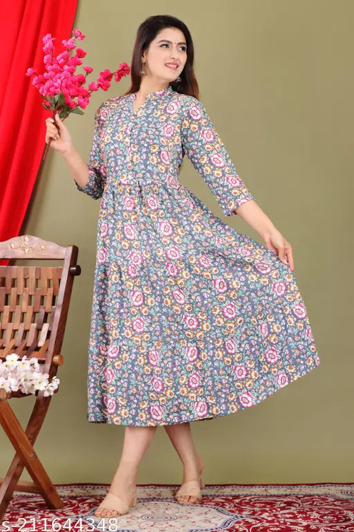 Shree Ganesh fashion's Cotton Anarkali Printed Gray Kurti for women