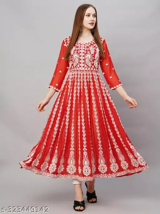 Anni Designer Women's Red Ethnic Motif Embroidered Anarkali Kurta