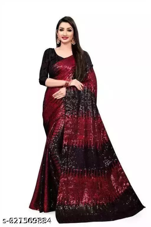 SHINE SUPER HIT RED DESIGNER SEQUANCE Georgette  SAREES BY KRADDLE
