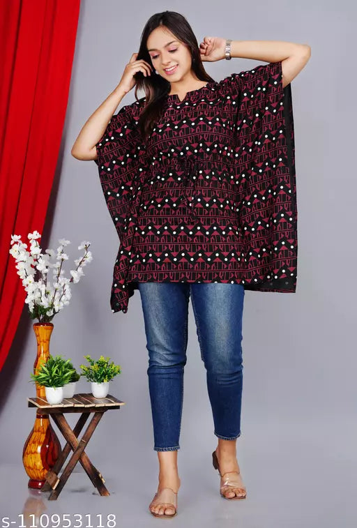 Stylish Rayon Printed   women  Black Corrs  Kaftan Top