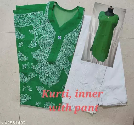 Handwork Chikankari Butterfly Chiffon kurti set+pant+inner.