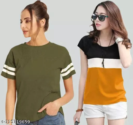 Women Color Block & Striped HALF Sleeve Designer hooded casual wear Top for women and Girls