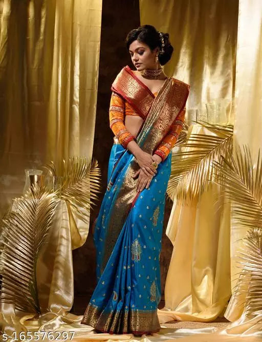 Banarasi Satin Silk Embroidery Saree With Heavy Pallu