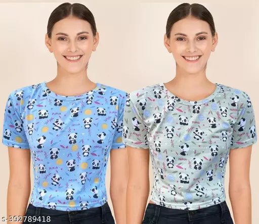 Trendy Feminine Printed Crop Tshirt Round Neck Top For Womens (Pack Of 2)