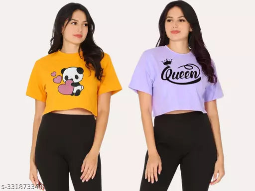 Trendy Feminine Printed Crop Tshirt Round Neck Top For Womens(Pack Of 2)