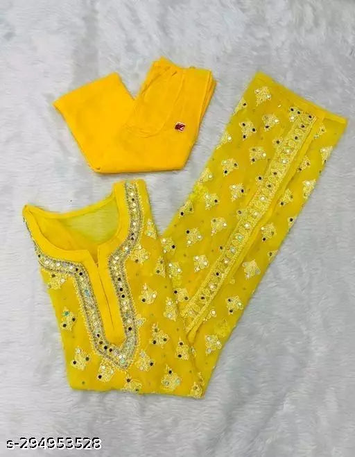 Chikankari Mirror Work Embroidered Booti Jaal Long Handwork Kurti with Inner.