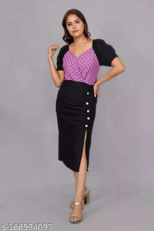 Side Slit Puff Sleeve Polka Doted  Knee Length Bodycon Dress