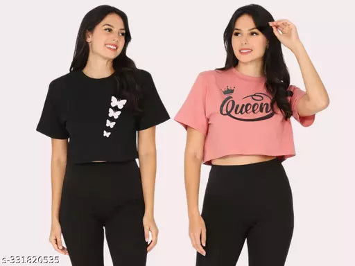 Trendy Feminine Printed Crop Tshirt Round Neck Top For Womens(Pack Of 2)
