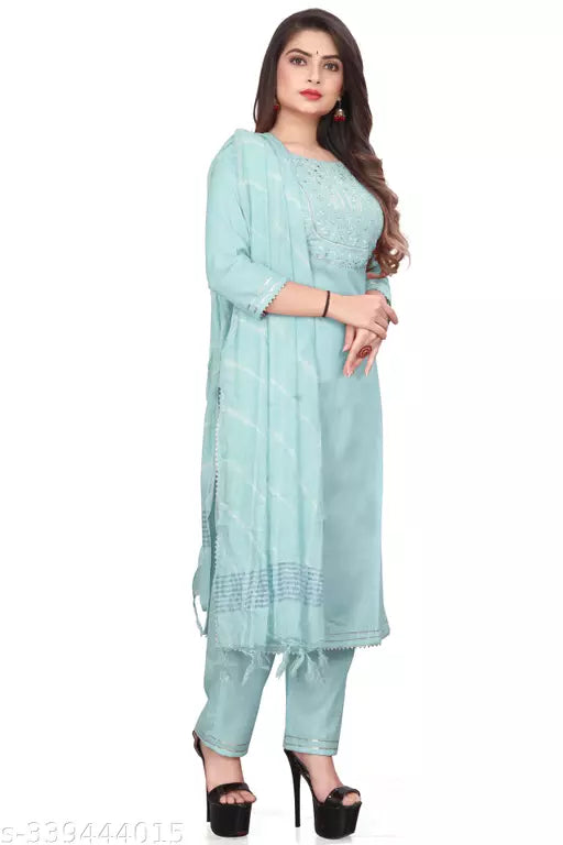 Elegant Women's Blue Kurta Set with Pant Dupatta and Stylish Kurti Top: Perfect for Ladies' Dressing with Unique Pajama Design Picture Color M