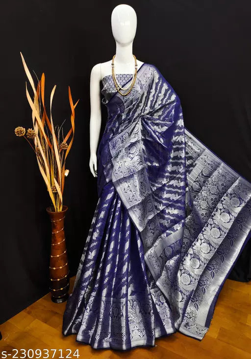 Morpich Fashion Navy Blue Banarasi Silk Silver Zari Saree