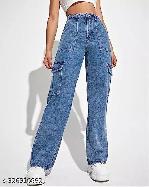 WOMEN LATEST CARGO TROUSERS | SOLID HIGH-RISE CARGO JEANS | 6 POCKET WIDE LEG DENIMS | 80'S ROCKER-CHIC INSPIRED CARGO PANTS | SIT ABOVE | NON-STRETCH FIT WITH A WIDE LEG | SPORTY LOOK LOOSE FIT DENIMS