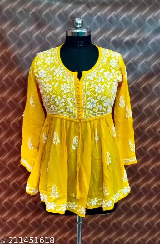 Fancy Chikankari Handwork Rayon Short Frock.