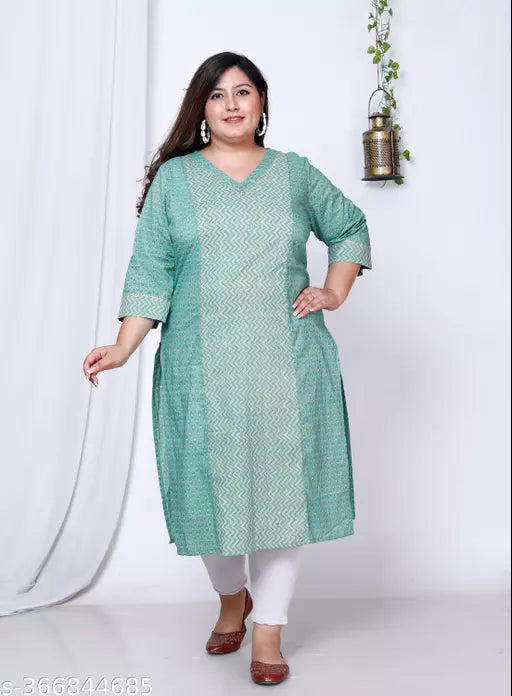 Women Plus Size Floral Print Pure Cotton Straight Kurta  (Green)