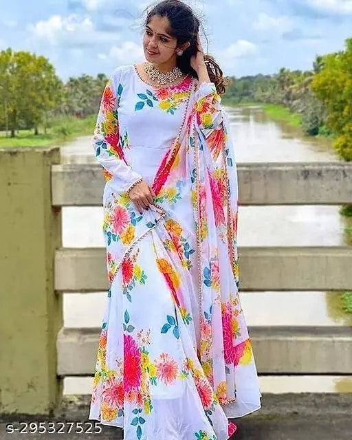 QVAZOR Stylish Fancy Trendy Printed Georgette Gown For Women For Party Wedding Festival Functions