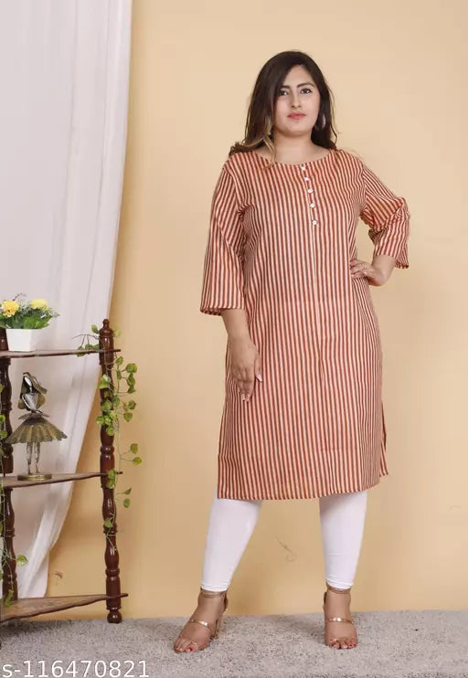 Shritikas Designer Stripes Straight Cotton Plus Size Kurti For Women - 60s Cotton 