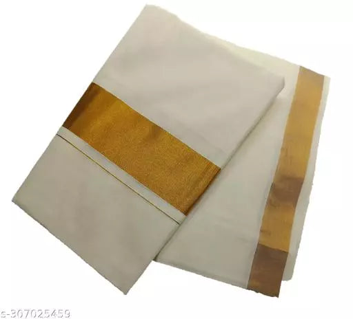 REAL HAND WOOVEN KERALA KASAVUE PURE COTTON COLOR CREAM / BEIGE WITH GOLD COLOR ZARI 2 BY 3 SAREE WITH UNSTICHED BLOUSE