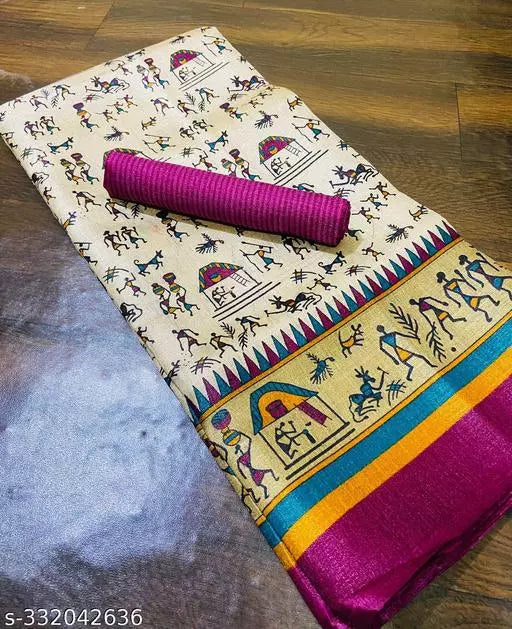 WARLI PRINTED KHADI SILK BLENDED LIGHT WEIGHT COMFERTABLE WEAR DESIGNER SAREE WITH BLOUSE