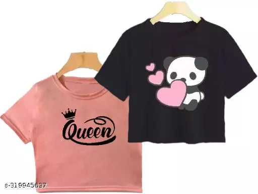 Trendy Feminine Printed Crop Tshirt Round Neck Top For Womens (Combo2)
