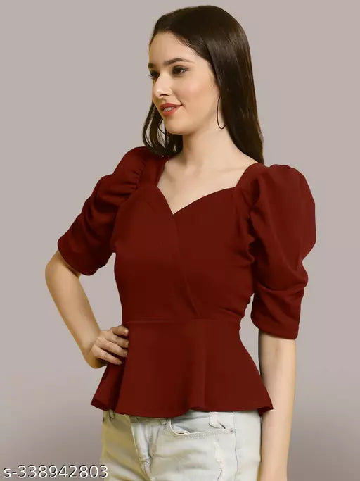 Sweetheart Neck Puff Sleeves Peplum Top (Women Top | Women Tops | Top)