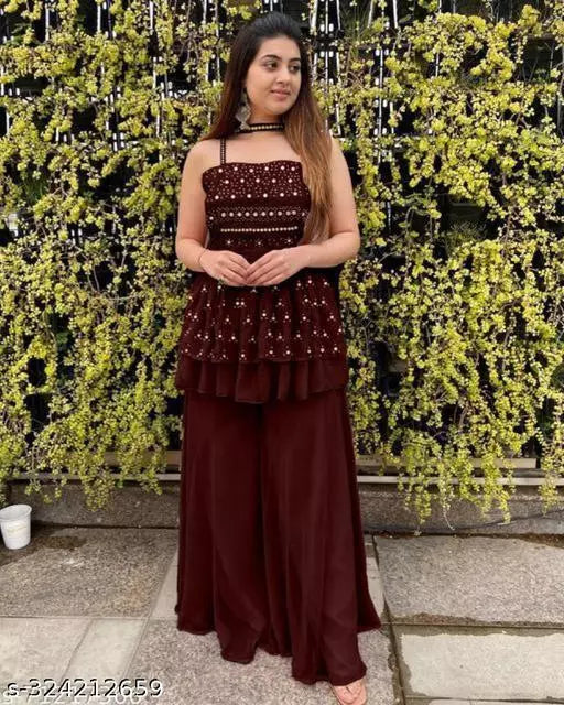 Maroon Georgette Off-Shoulder Gown/ Kurta Set with Embroidered Sequences with Palazzo and Dupatta: A Fusion of Traditional Elegance and Modern Style for Summer Weddings and Parties