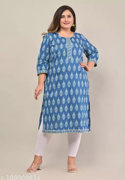 Swasti Plus Size Women Printed  Floral Print Pure Cotton Straight Kurta (Blue)