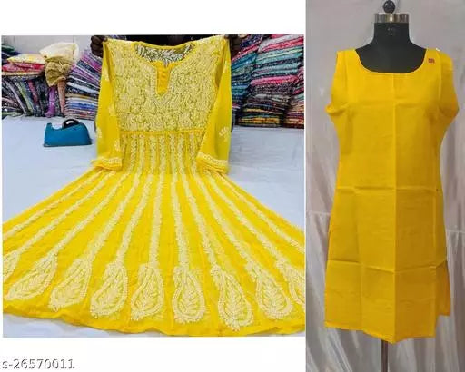 Hand  Embroidered Chikankari Chiffon Anarkali  Kurti with Camisole Inner