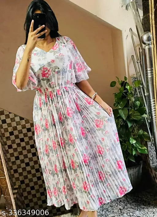 Women's Casual Fit and Flare Dress V Neck & Below Knee Georgette Printed Half Sleeve Summer Maxi Lenth Dress In Color White
