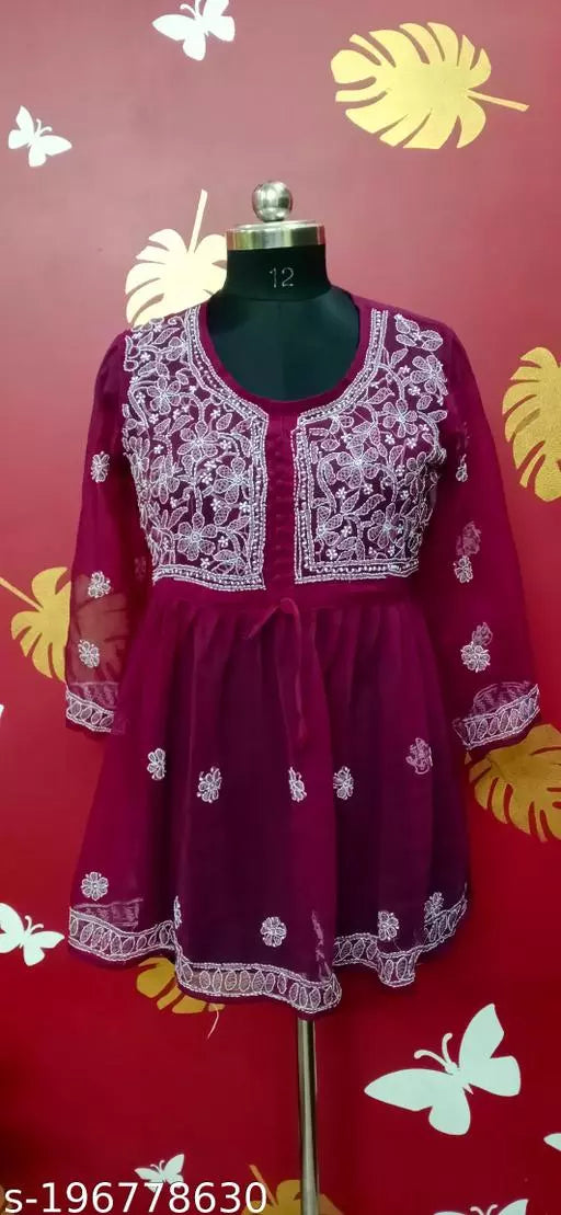 Handwork Embroidere Chikankari Chiffon Short Frock kurti .