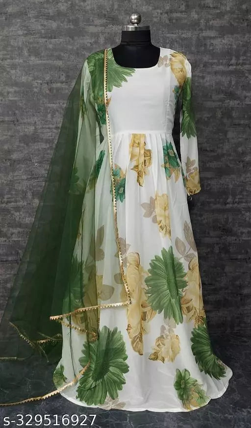 QVAZOR Stylish Fancy Trendy Printed Georgette Gown For Women For Party Wedding Festival Functions