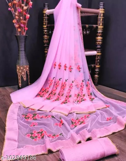 Net sarees with beautifull Embroidered work and unstiched Blouse pieces with all over border fancy moti work Pink Colours