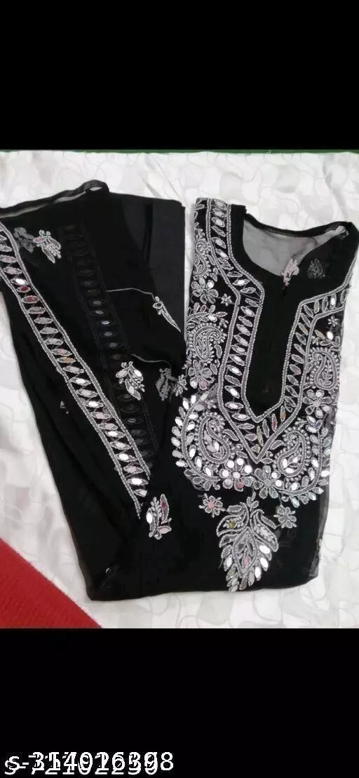 Mirror work embroidered Chikankari chiffon kurti with cotton inner.