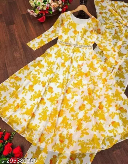 QVAZOR Stylish Fancy Trendy Printed Georgette Gown For Women For Party Wedding Festival Functions