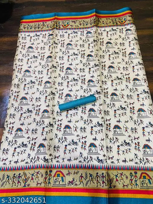 WARLI PRINTED KHADI SILK BLENDED LIGHT WEIGHT COMFERTABLE WEAR DESIGNER SAREE WITH BLOUSE