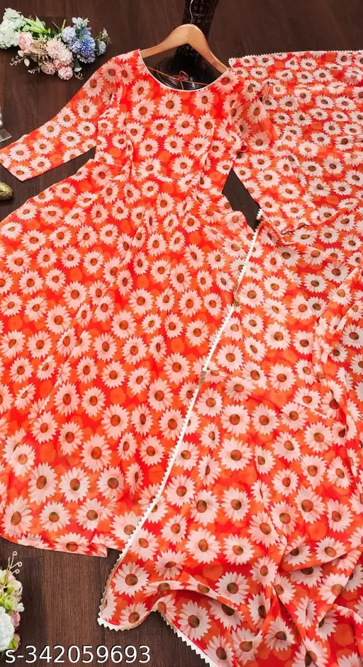 QVAZOR Stylish Fancy Trendy Printed Georgette Gown For Women For Party Wedding Festival Functions