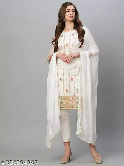 Anni Designer Women's White Cotton Blend Straight Printed Kurta With Trousers & Dupatta