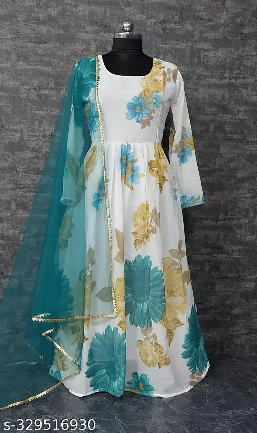 QVAZOR Stylish Fancy Trendy Printed Georgette Gown For Women For Party Wedding Festival Functions