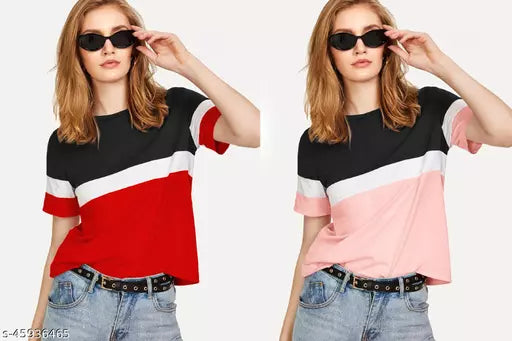 Vivient Women Red And Baby Pink Colour Block T-Shirts Combo