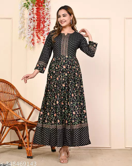 Shree  fashion's Rayon Anarkali Printed Black Kurti for women