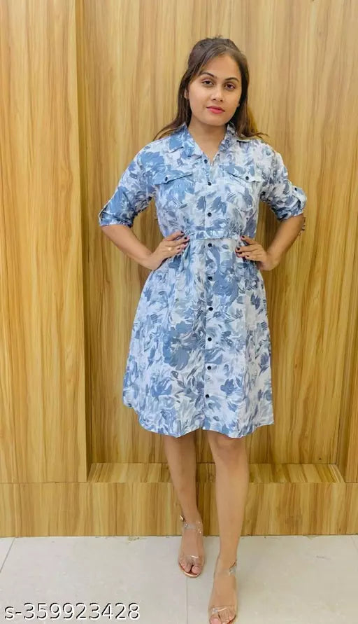 JKP COLLECTION Women's & Girls's Stylish Rayon Collared Shirt Flared Mini Dress with Waist Belt Grey