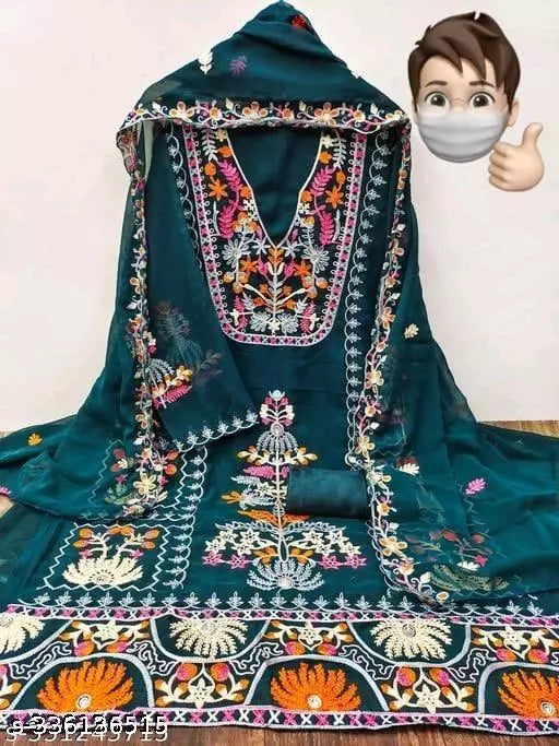 TRENDY BLUE DRESS MATERIAL FOR WOMEN IN GEORGETTE FABRIC WITH EMBROIDERY WORK ON IT AND DUPPATA