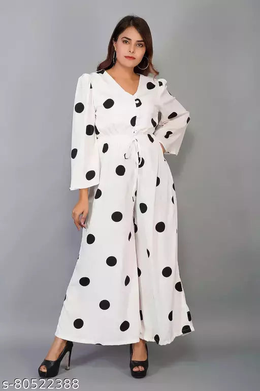 Full Sleeves Wide Leg Polka Printed Jumpsuit For Women