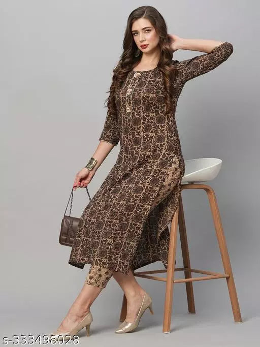 Anni Designer Women's Purple Cotton Blend Printed Straight Kurta With Trousers